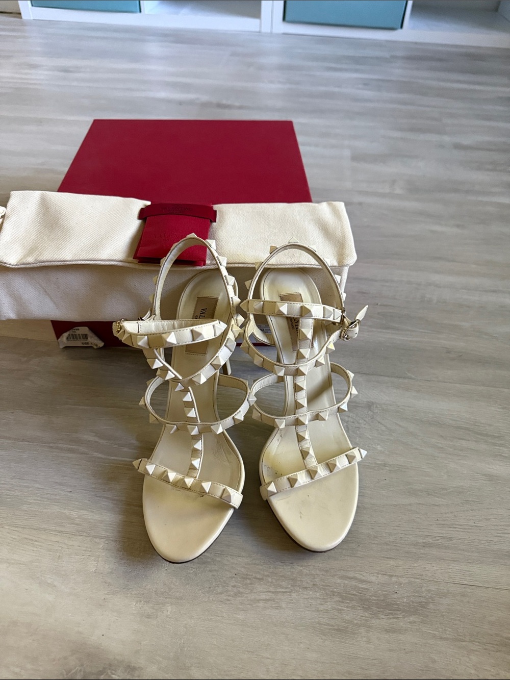 Valentino Ivory Rockstud T-Strap Heeled Sandals